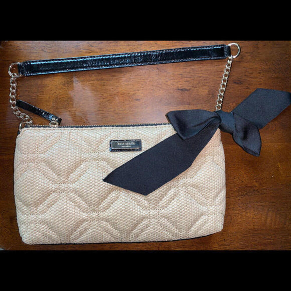 Kate Spade New York Quilted Straw Shoulder Bag Beige Black Leather Strap